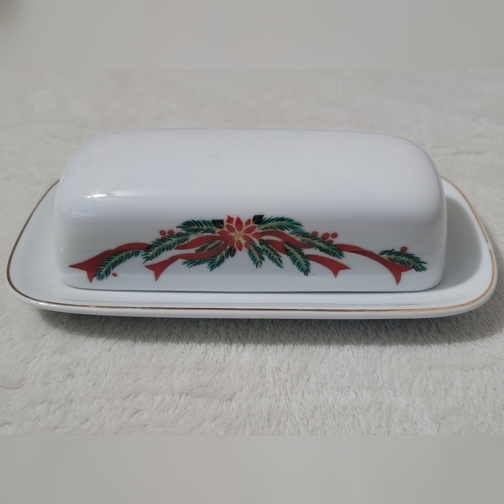 Vintage Poinsettia and Ribbons Fine China Christmas Covered Butter Dish